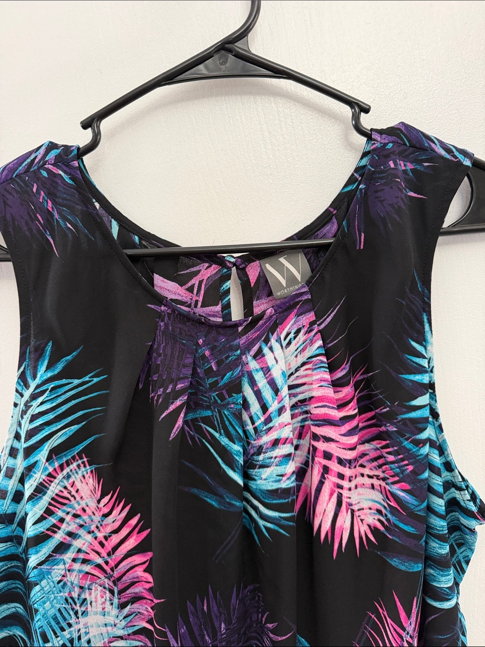 Worthington Black Sleeveless Top with Teal, Purple & Pink Leaf Print - Picture 7 of 10
